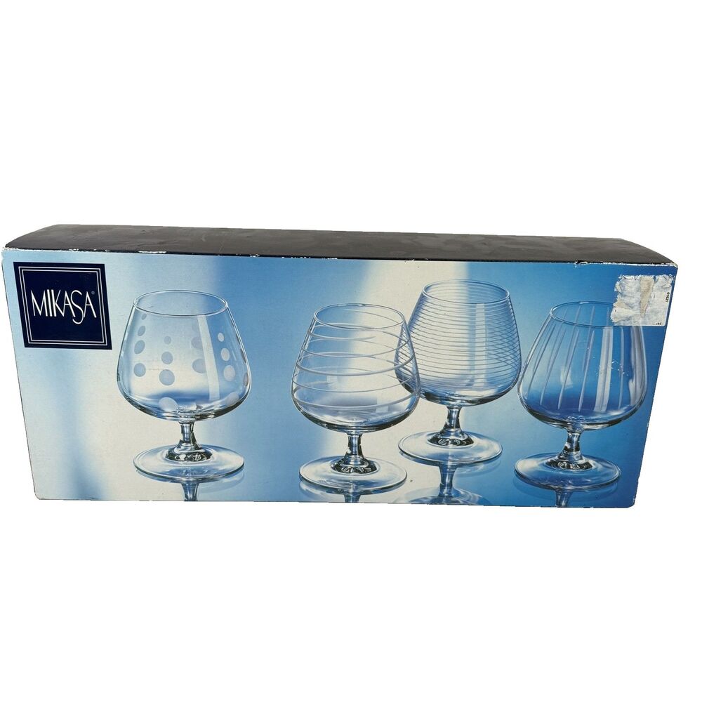 4 Mikasa Cheers Brandy Glasses Snifters Cordials 5 1/4” Snifters Blown Etched